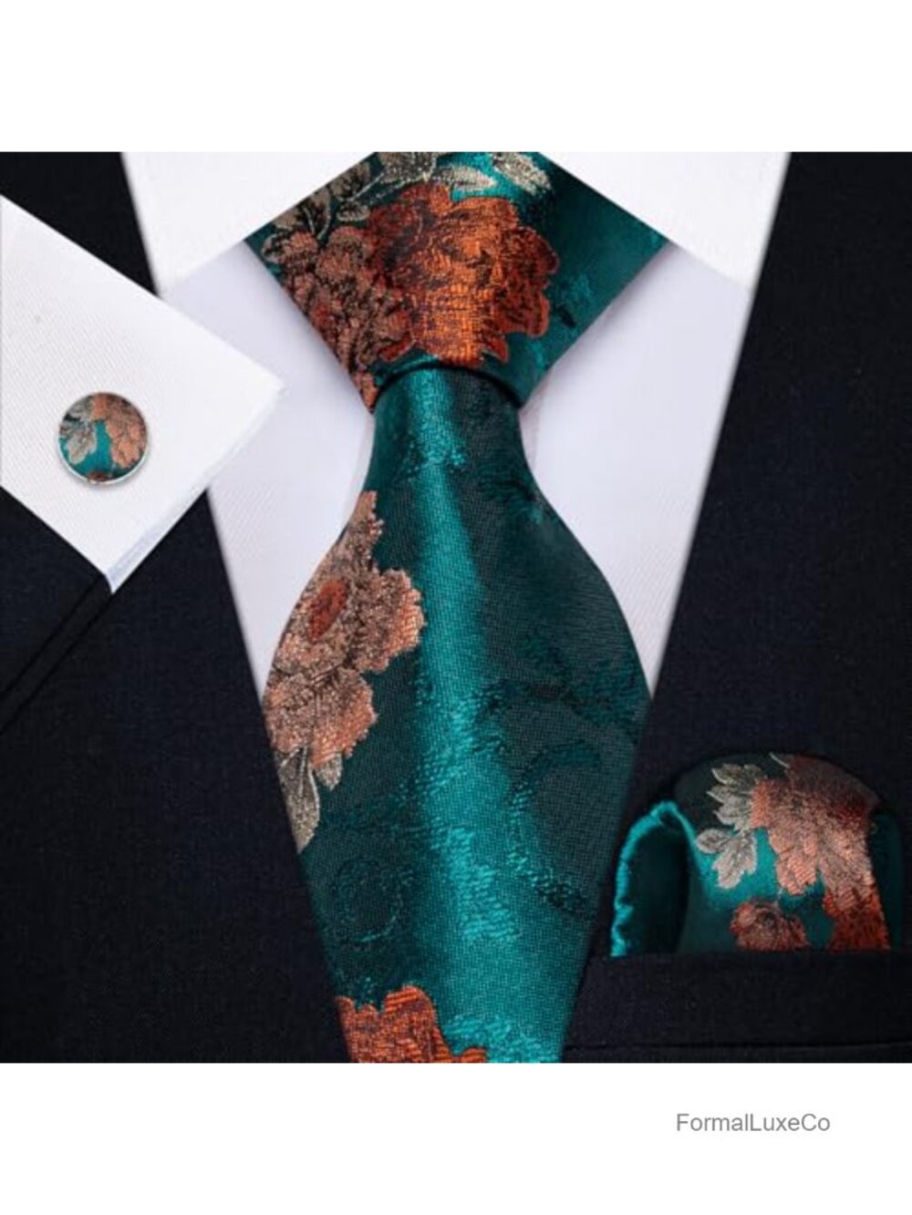 Mens Silk Tie Set Paisley Floral Necktie Pocket Square Cufflinks - Picture 2 of 6